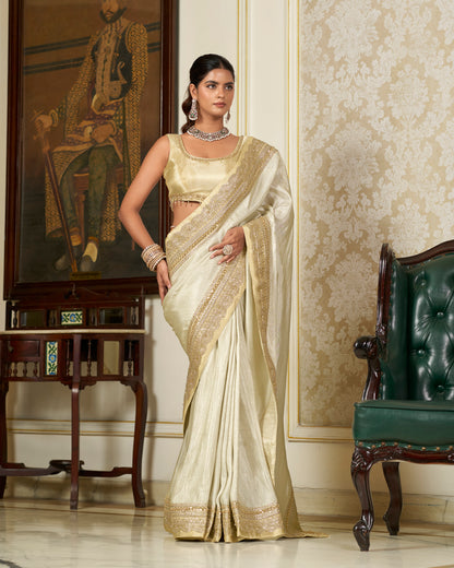 Silver Tissue Saree with Gold Zari Border & Crystal Embroidery