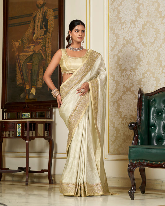 Silver Tissue Saree with Gold Zari Border & Crystal Embroidery