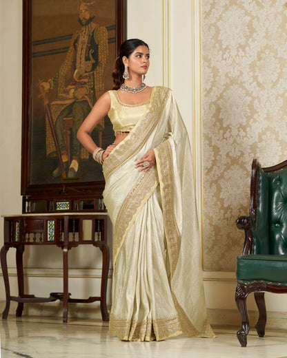 Silver Tissue Saree with Gold Zari Border & Crystal Embroidery