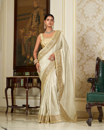 Silver Tissue Saree with Gold Zari Border & Crystal Embroidery