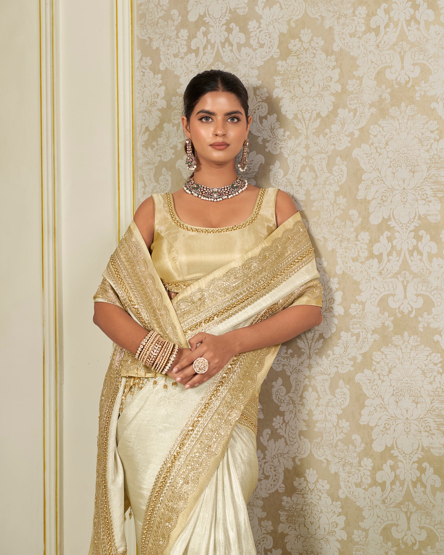 Silver Tissue Saree with Gold Zari Border & Crystal Embroidery