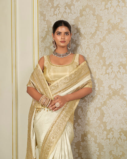 Silver Tissue Saree with Gold Zari Border & Crystal Embroidery