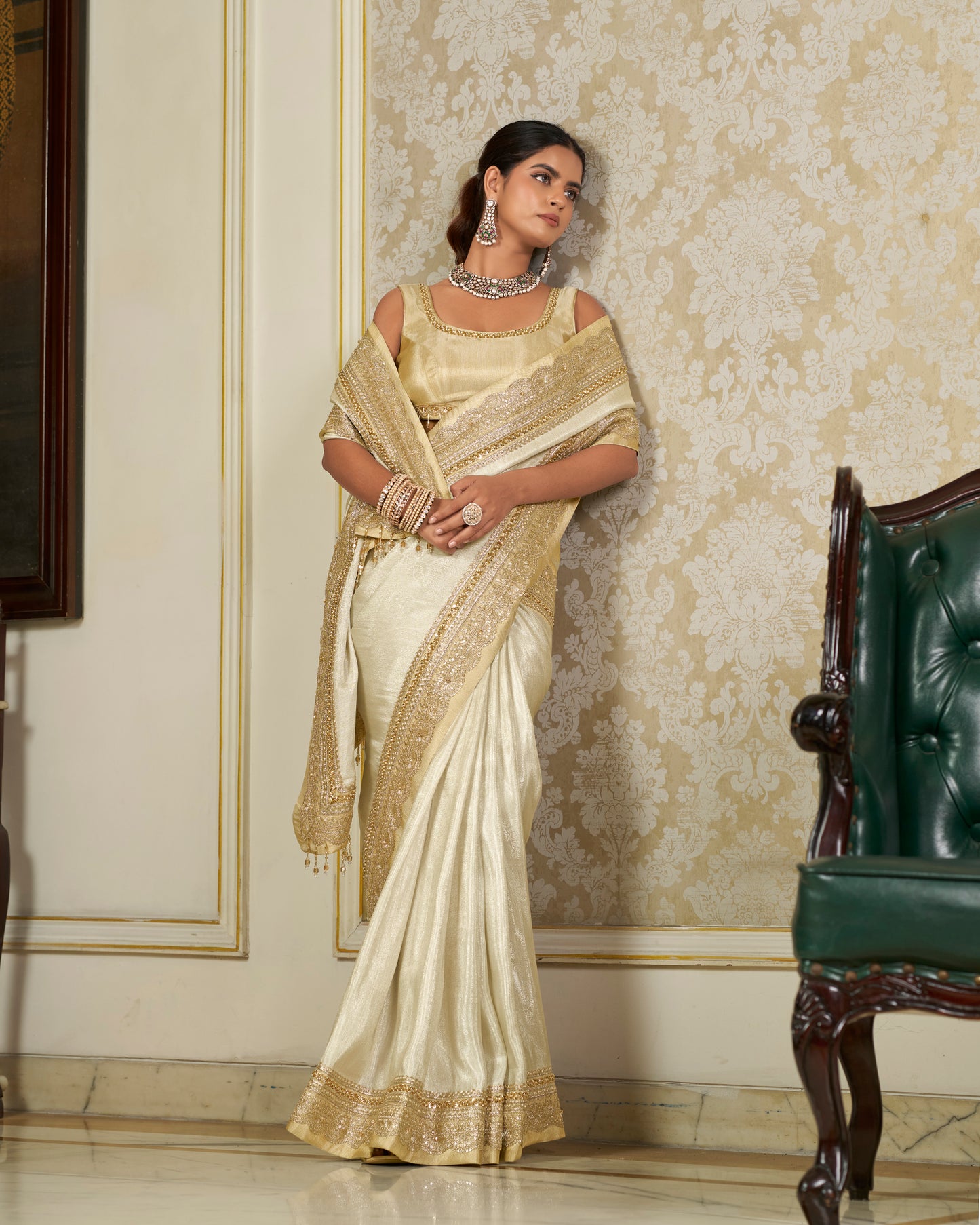 Silver Tissue Saree with Gold Zari Border & Crystal Embroidery
