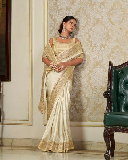 Silver Tissue Saree with Gold Zari Border & Crystal Embroidery