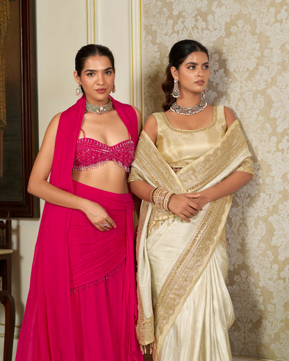 Silver Tissue Saree with Gold Zari Border & Crystal Embroidery