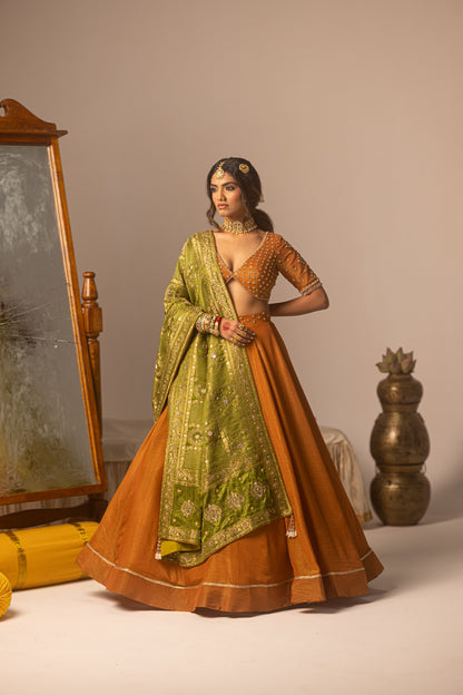 Rust Tissue Lehenga with Hand-Embroidered Blouse & Ajarakh Dupatta