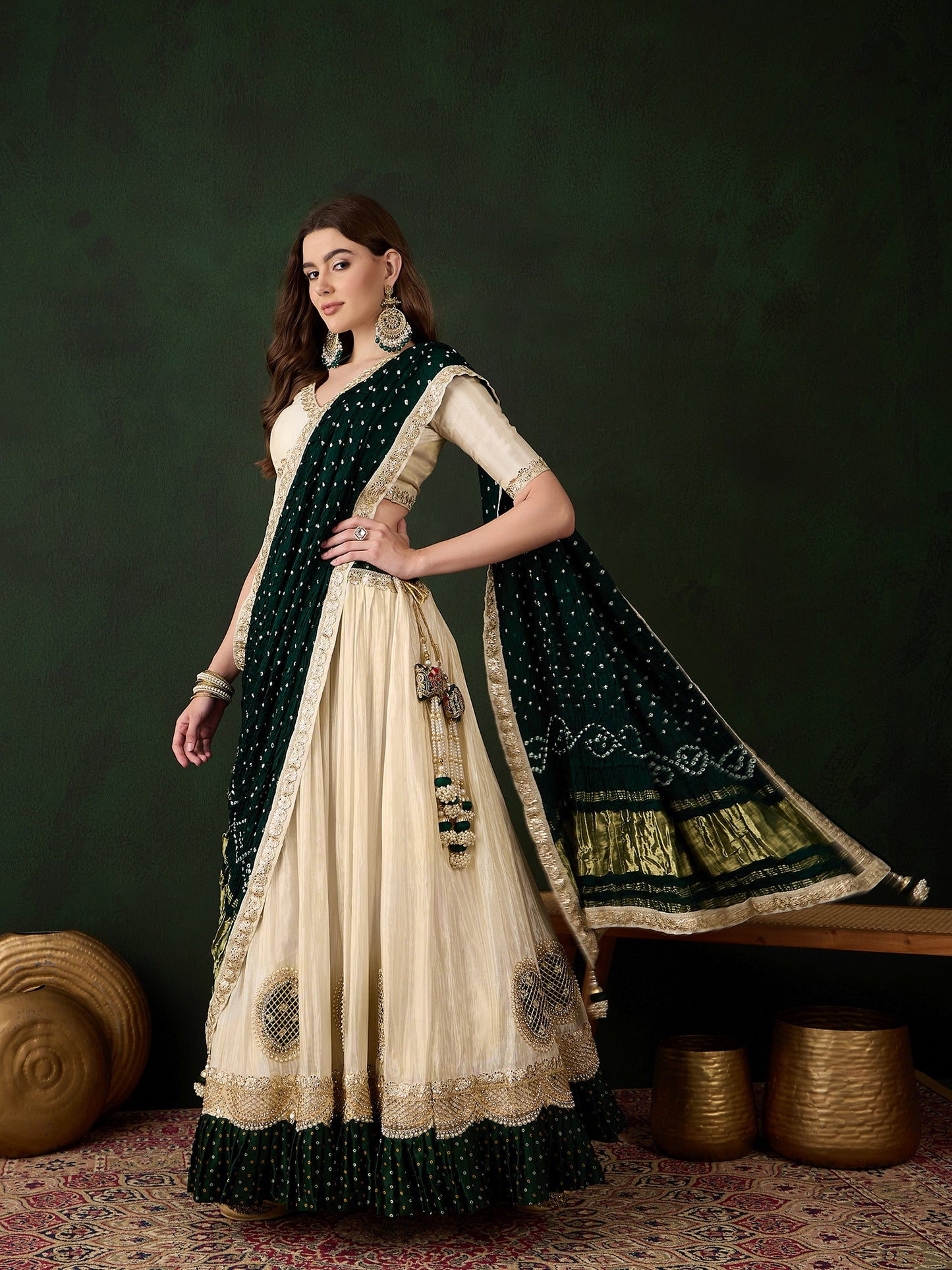 Offwhite Lehenga Choli with Green Bandhani Dupatta