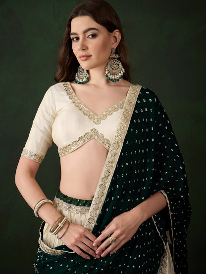 Offwhite Lehenga Choli with Green Bandhani Dupatta
