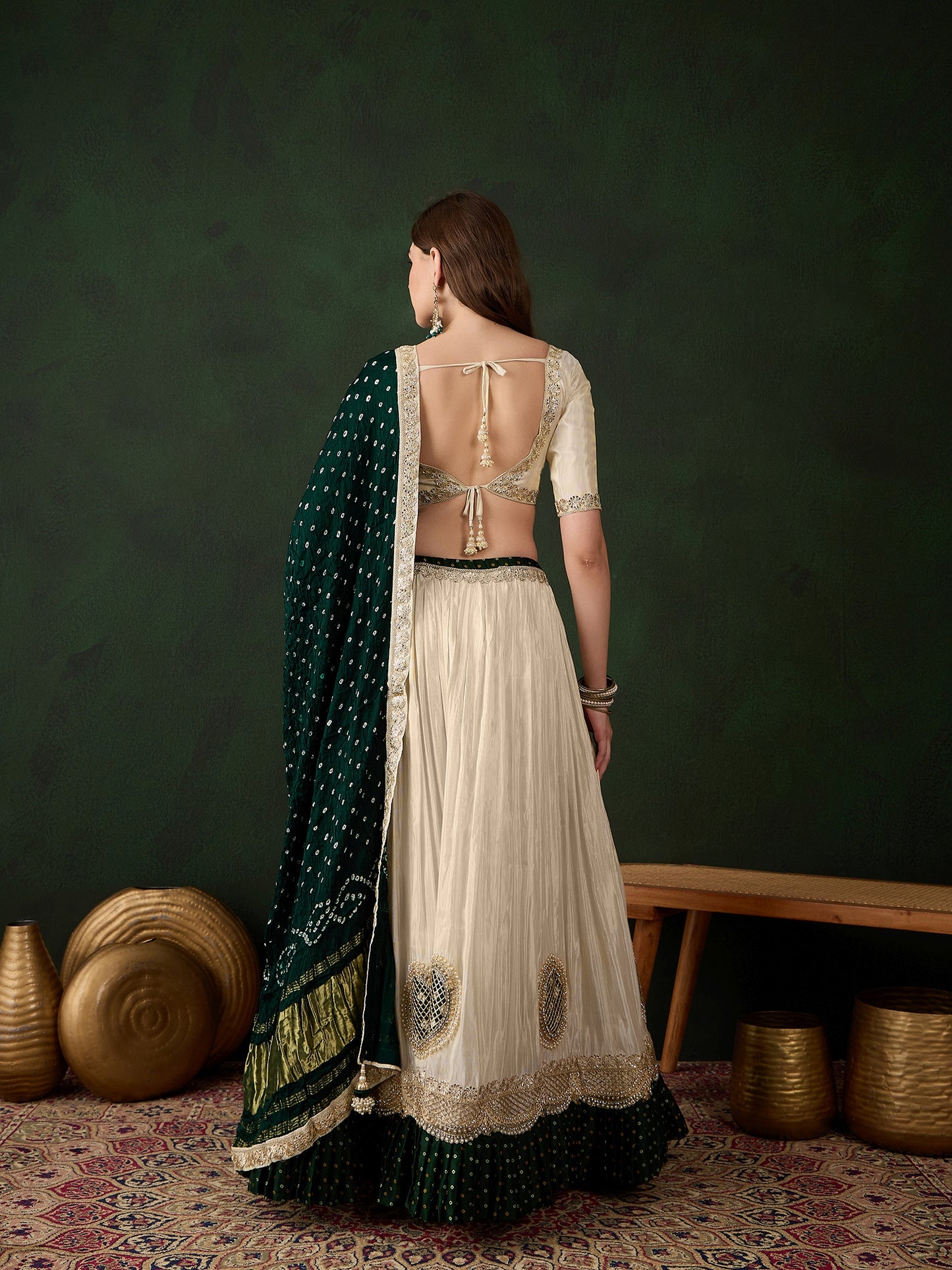 Offwhite Lehenga Choli with Green Bandhani Dupatta