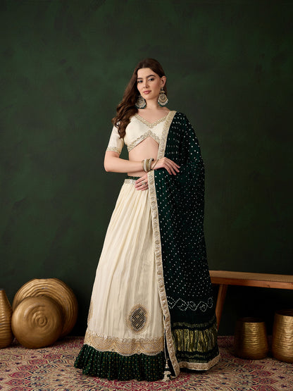 Offwhite Lehenga Choli with Green Bandhani Dupatta