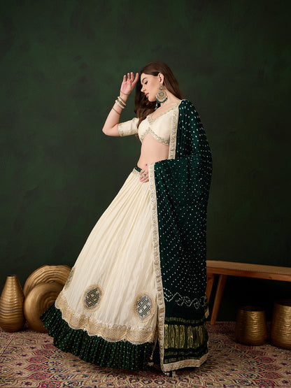 Offwhite Lehenga Choli with Green Bandhani Dupatta