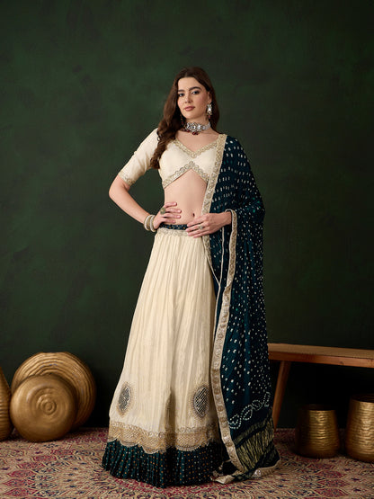 Offwhite Lehenga Choli with Petrol Blue Bandhani Dupatta