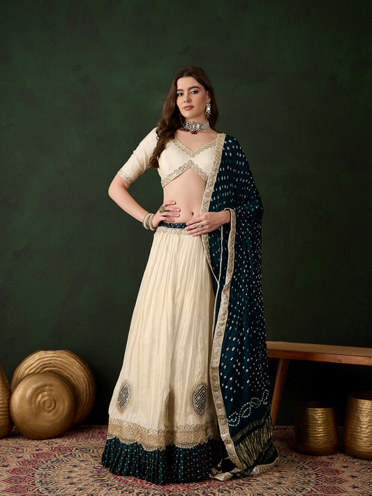 Offwhite Lehenga Choli with Petrol Blue Bandhani Dupatta