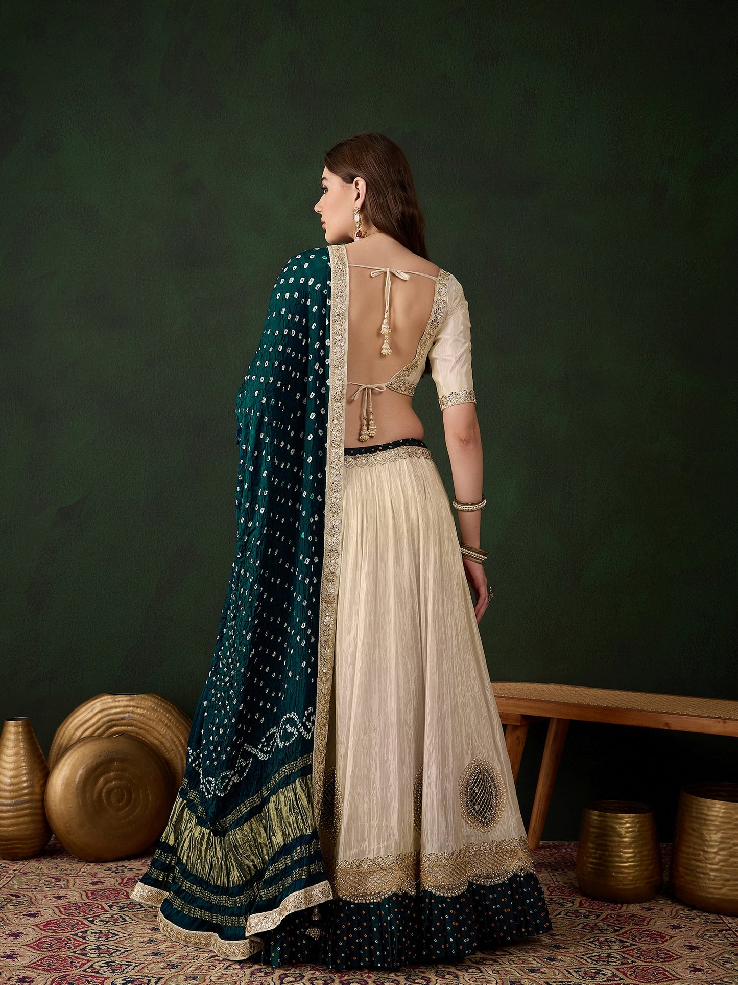 Offwhite Lehenga Choli with Petrol Blue Bandhani Dupatta