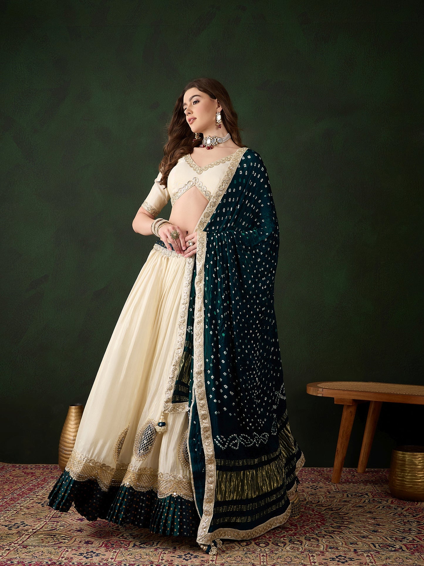 Offwhite Lehenga Choli with Petrol Blue Bandhani Dupatta
