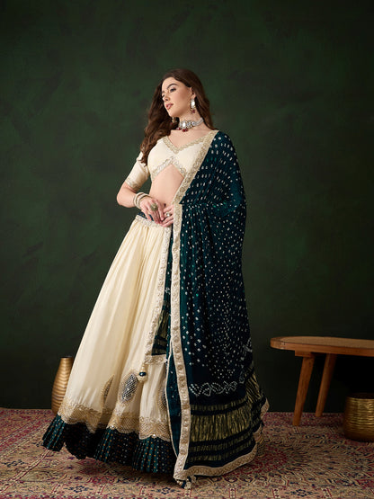 Offwhite Lehenga Choli with Petrol Blue Bandhani Dupatta