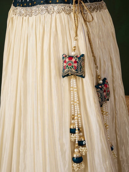 Offwhite Lehenga Choli with Petrol Blue Bandhani Dupatta