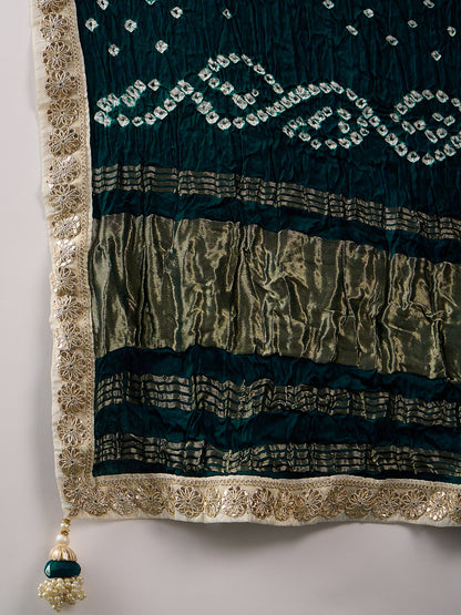 Offwhite Lehenga Choli with Petrol Blue Bandhani Dupatta