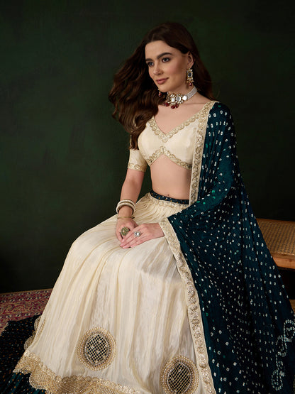 Offwhite Lehenga Choli with Petrol Blue Bandhani Dupatta