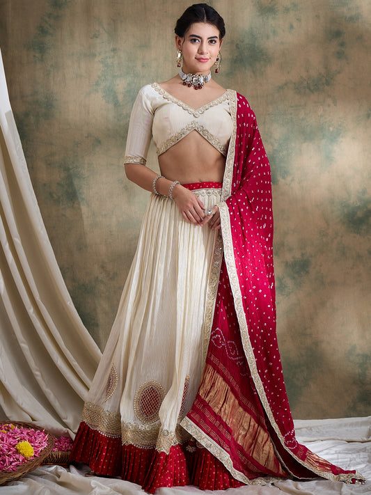 Offwhite Lehenga Choli with Rani Bandhani Dupatta