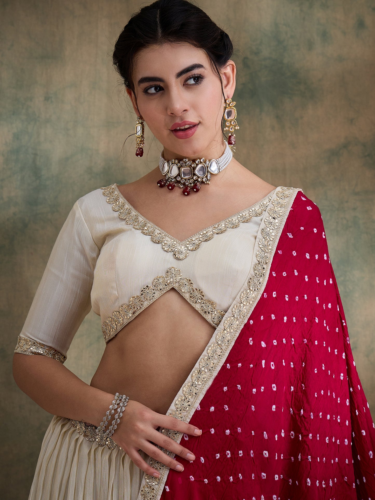 Offwhite Lehenga Choli with Rani Bandhani Dupatta