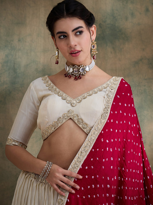 Offwhite Lehenga Choli with Rani Bandhani Dupatta