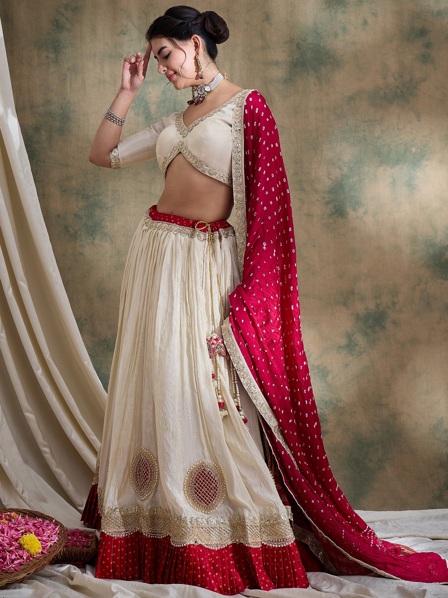 Offwhite Lehenga Choli with Rani Bandhani Dupatta