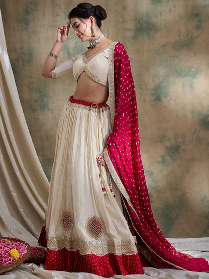 Offwhite Lehenga Choli with Rani Bandhani Dupatta