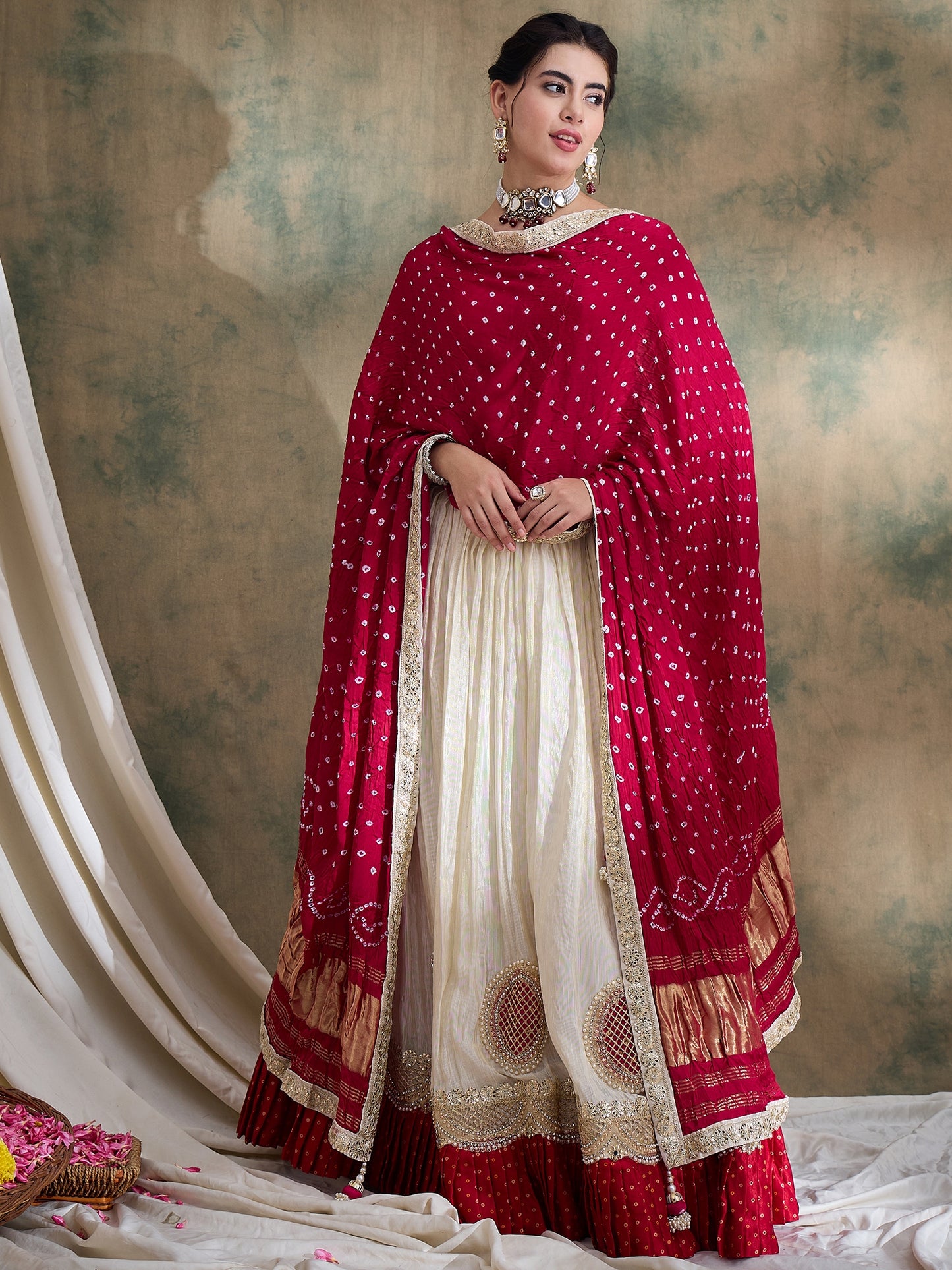 Offwhite Lehenga Choli with Rani Bandhani Dupatta