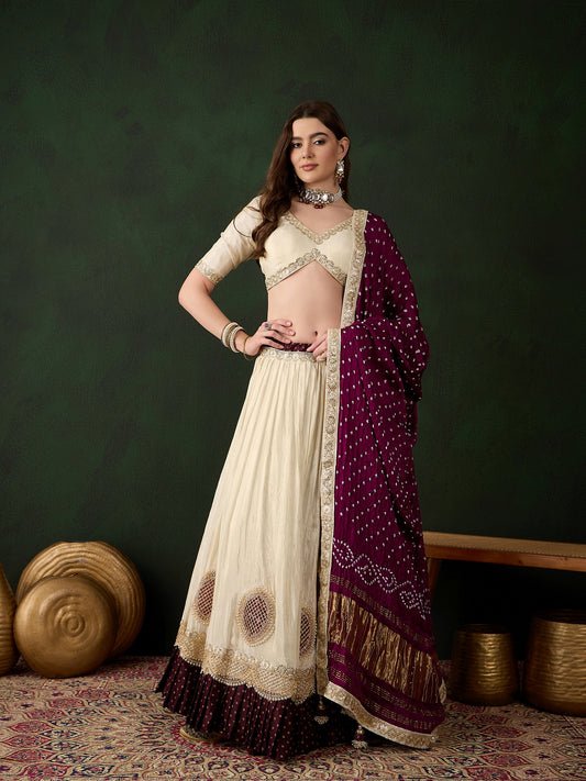 Offwhite Lehenga Choli with Wine Bandhani Dupatta