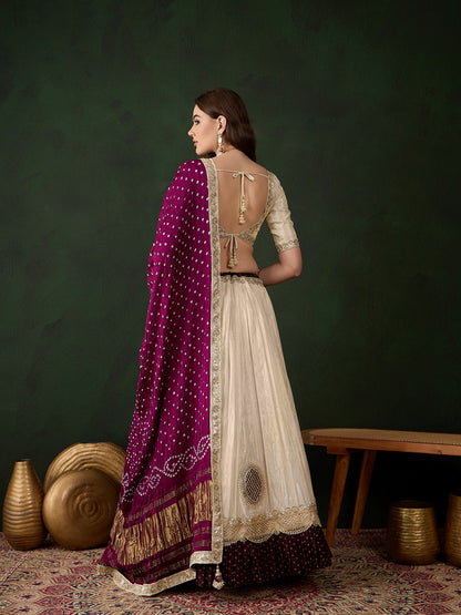 Offwhite Lehenga Choli with Wine Bandhani Dupatta