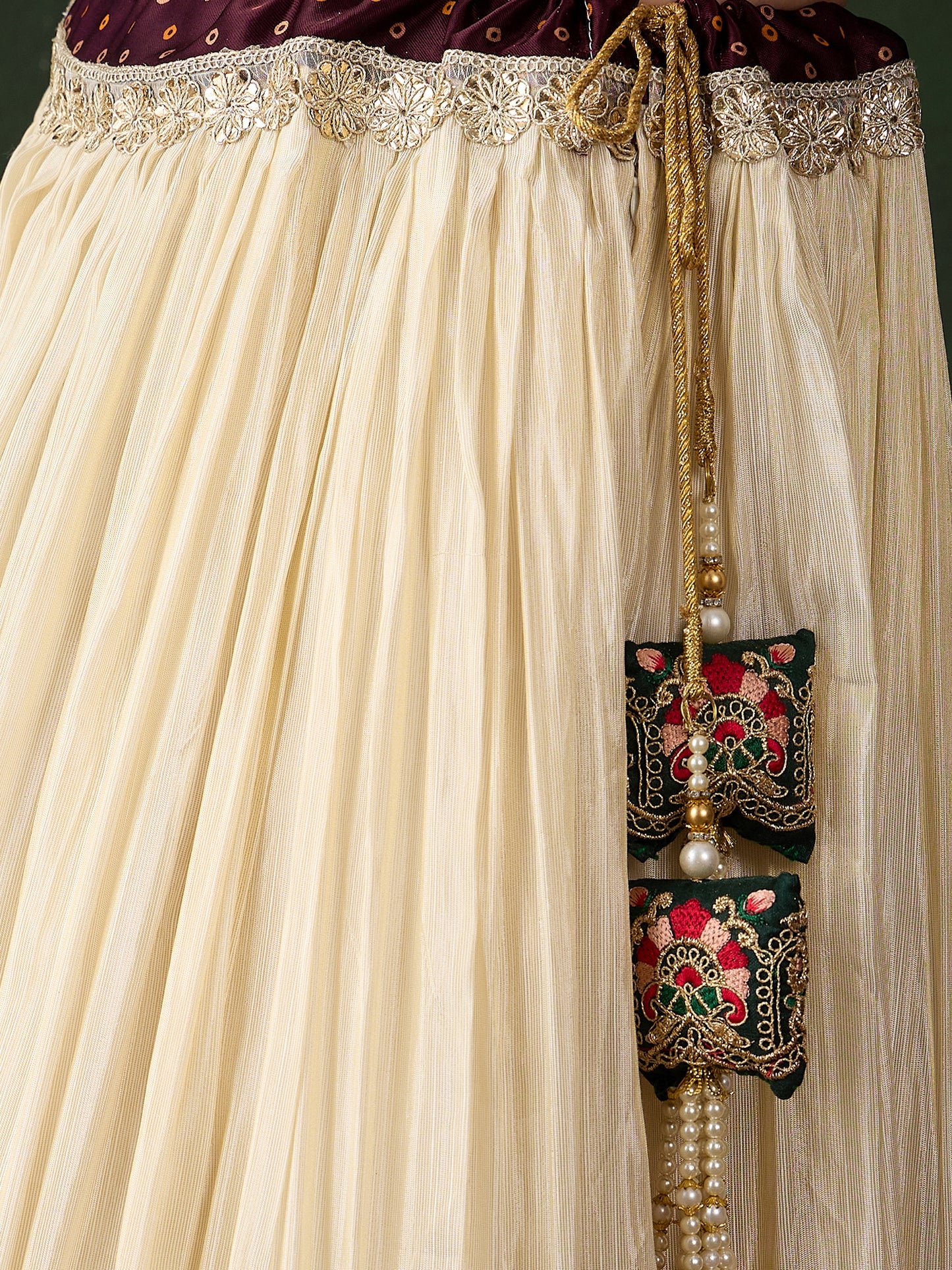 Offwhite Lehenga Choli with Wine Bandhani Dupatta