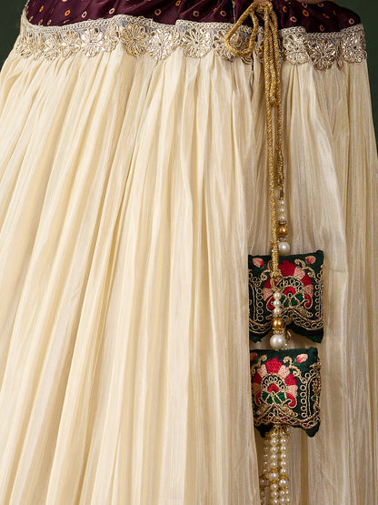 Offwhite Lehenga Choli with Wine Bandhani Dupatta