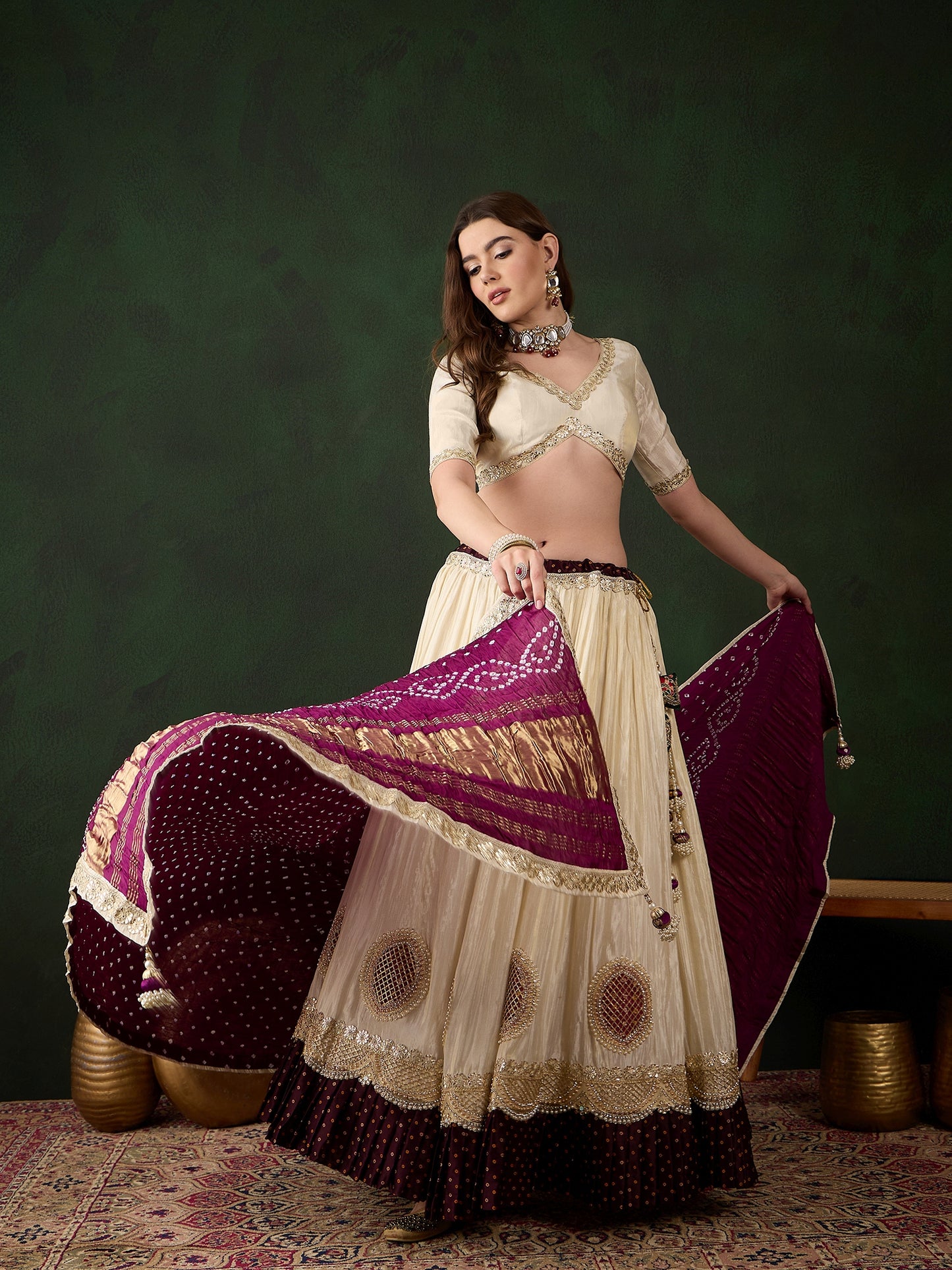 Offwhite Lehenga Choli with Wine Bandhani Dupatta