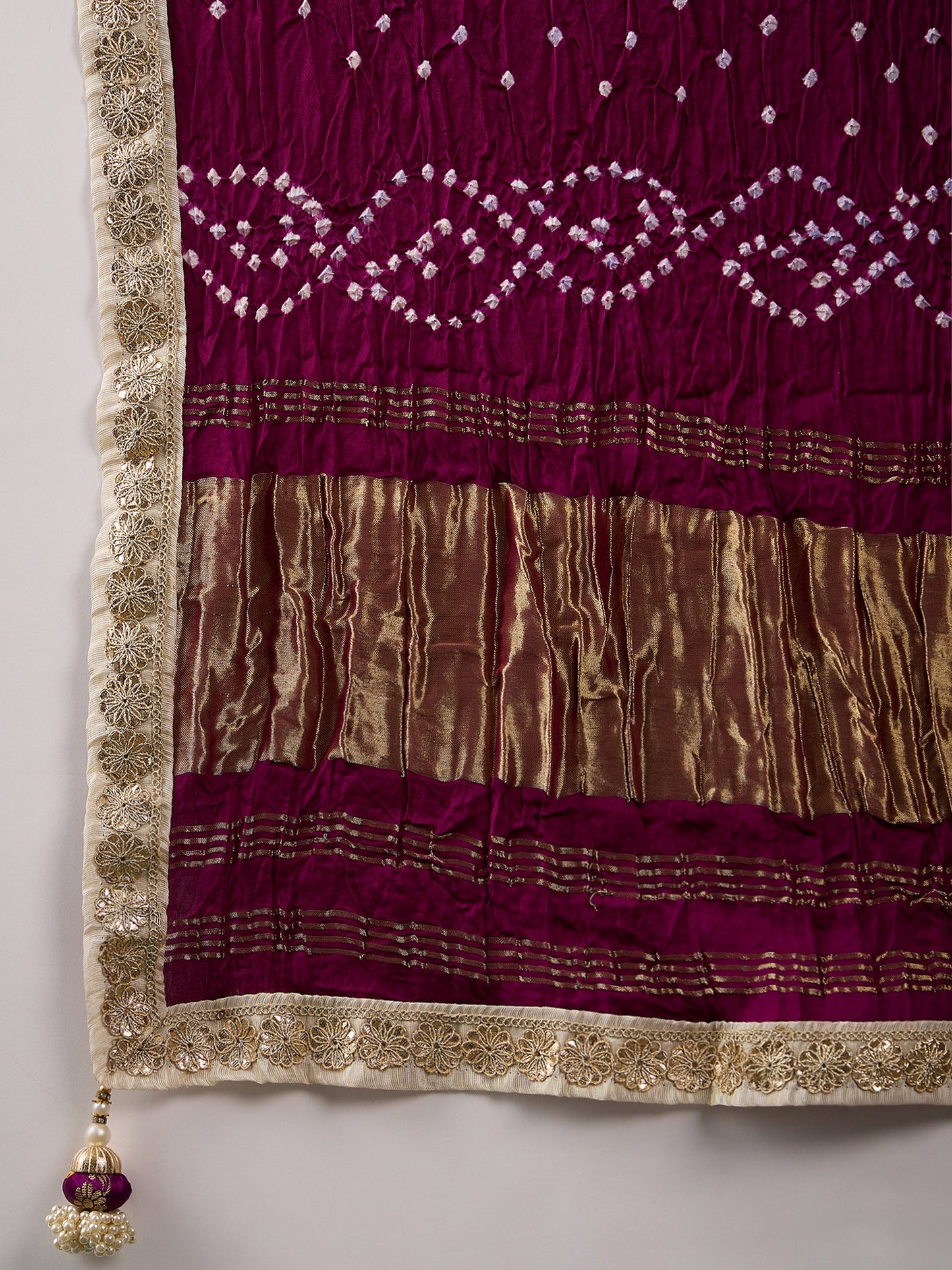 Offwhite Lehenga Choli with Wine Bandhani Dupatta