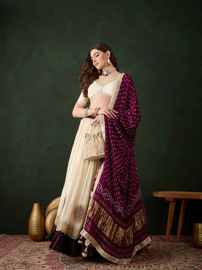 Offwhite Lehenga Choli with Wine Bandhani Dupatta