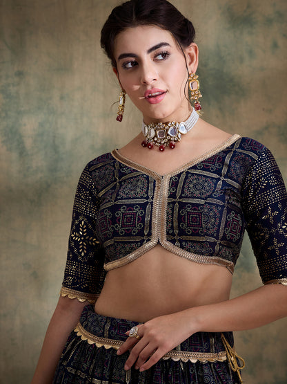 Nevy Blue Ajarakh Silk Lehenga set with Pink Bandhej Dupatta