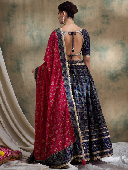 Nevy Blue Ajarakh Silk Lehenga set with Pink Bandhej Dupatta