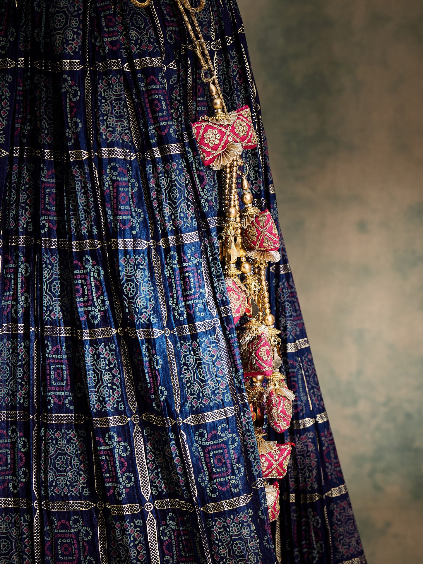 Nevy Blue Ajarakh Silk Lehenga set with Pink Bandhej Dupatta