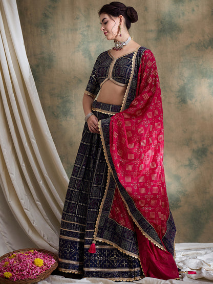 Nevy Blue Ajarakh Silk Lehenga set with Pink Bandhej Dupatta
