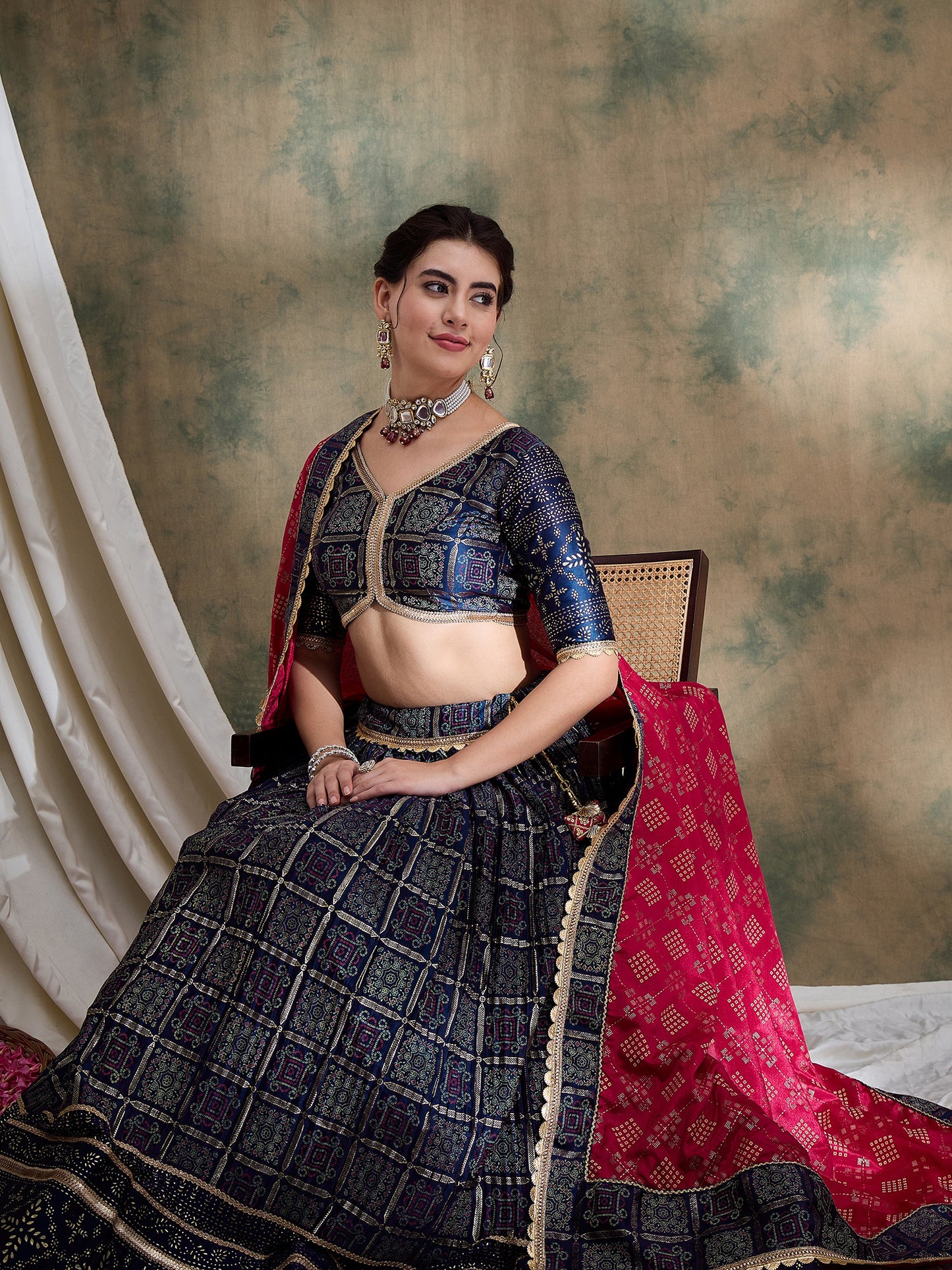 Nevy Blue Ajarakh Silk Lehenga set with Pink Bandhej Dupatta