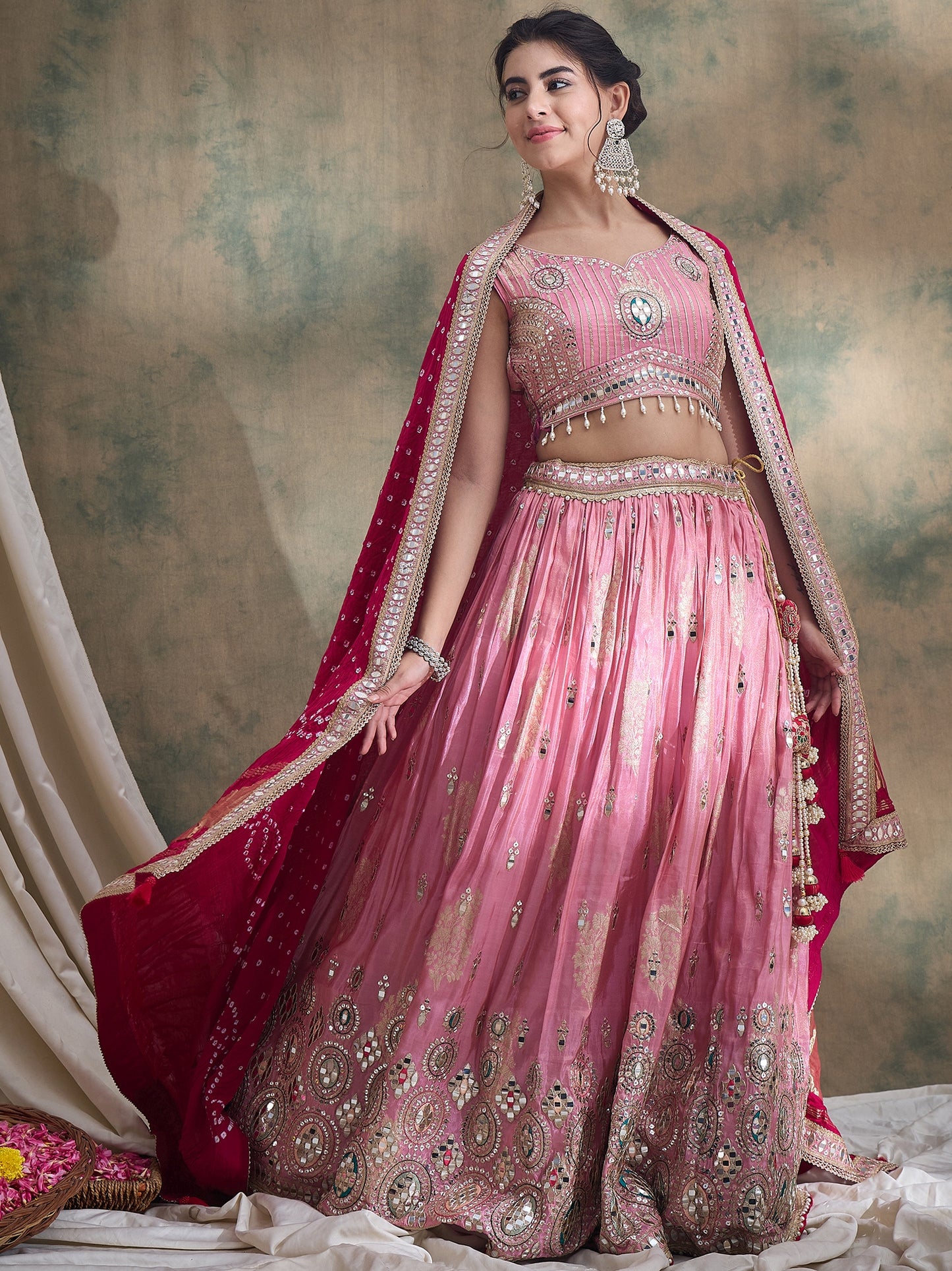 peach sequin Embroidered Lehenga Set with Rani Bandhej Dupatta