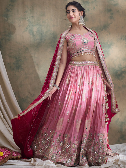 peach sequin Embroidered Lehenga Set with Rani Bandhej Dupatta