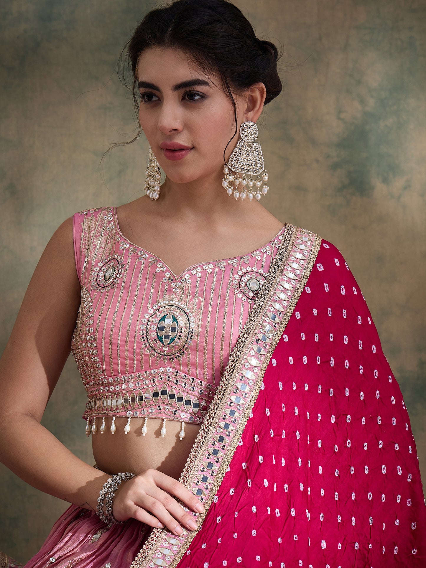 peach sequin Embroidered Lehenga Set with Rani Bandhej Dupatta