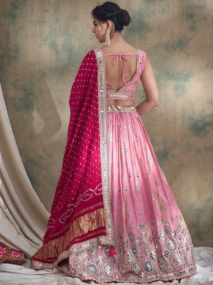 peach sequin Embroidered Lehenga Set with Rani Bandhej Dupatta