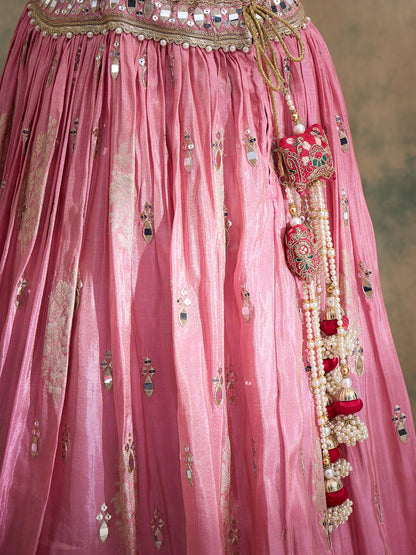 peach sequin Embroidered Lehenga Set with Rani Bandhej Dupatta