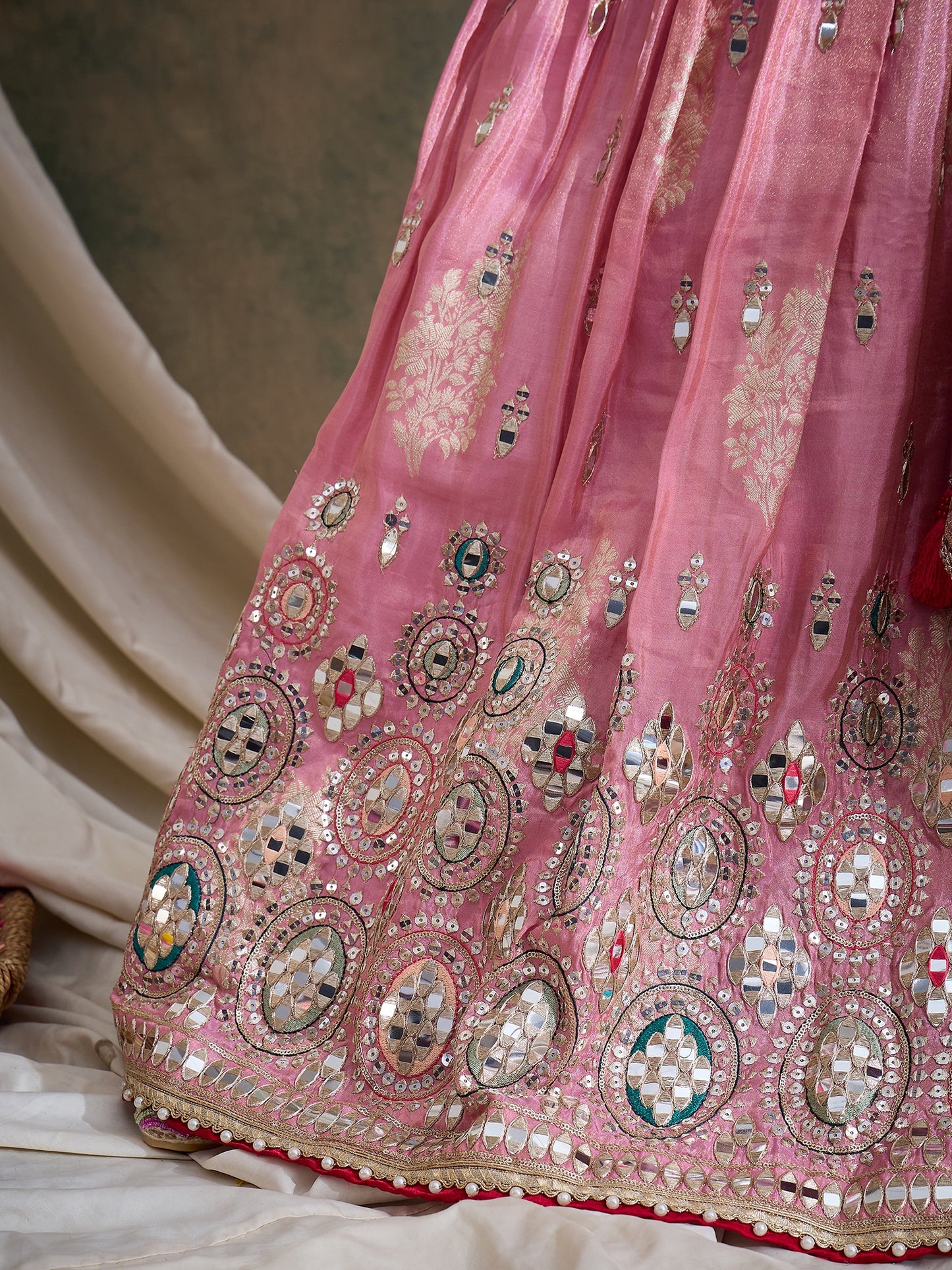 peach sequin Embroidered Lehenga Set with Rani Bandhej Dupatta
