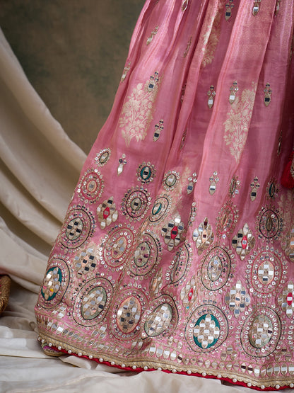 peach sequin Embroidered Lehenga Set with Rani Bandhej Dupatta