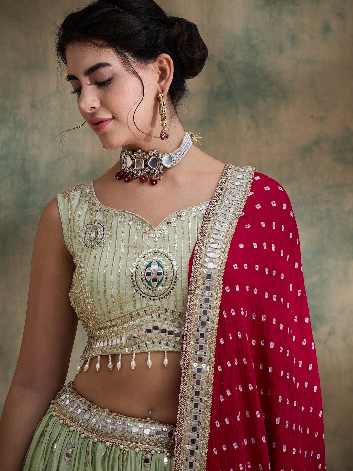 Pistachio sequin Embroidered Lehenga Set with Rani Bandhej Dupatta