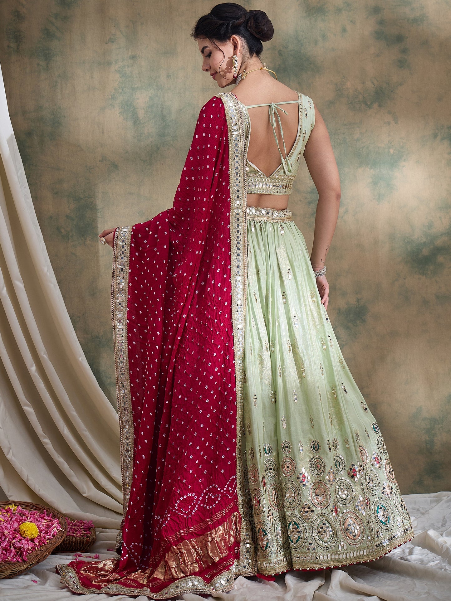 Pistachio sequin Embroidered Lehenga Set with Rani Bandhej Dupatta